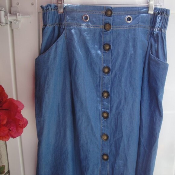 Anthropologie Skirt Women's Large Chambray Blue Cotton Button Down Front Preppy - Picture 4 of 10